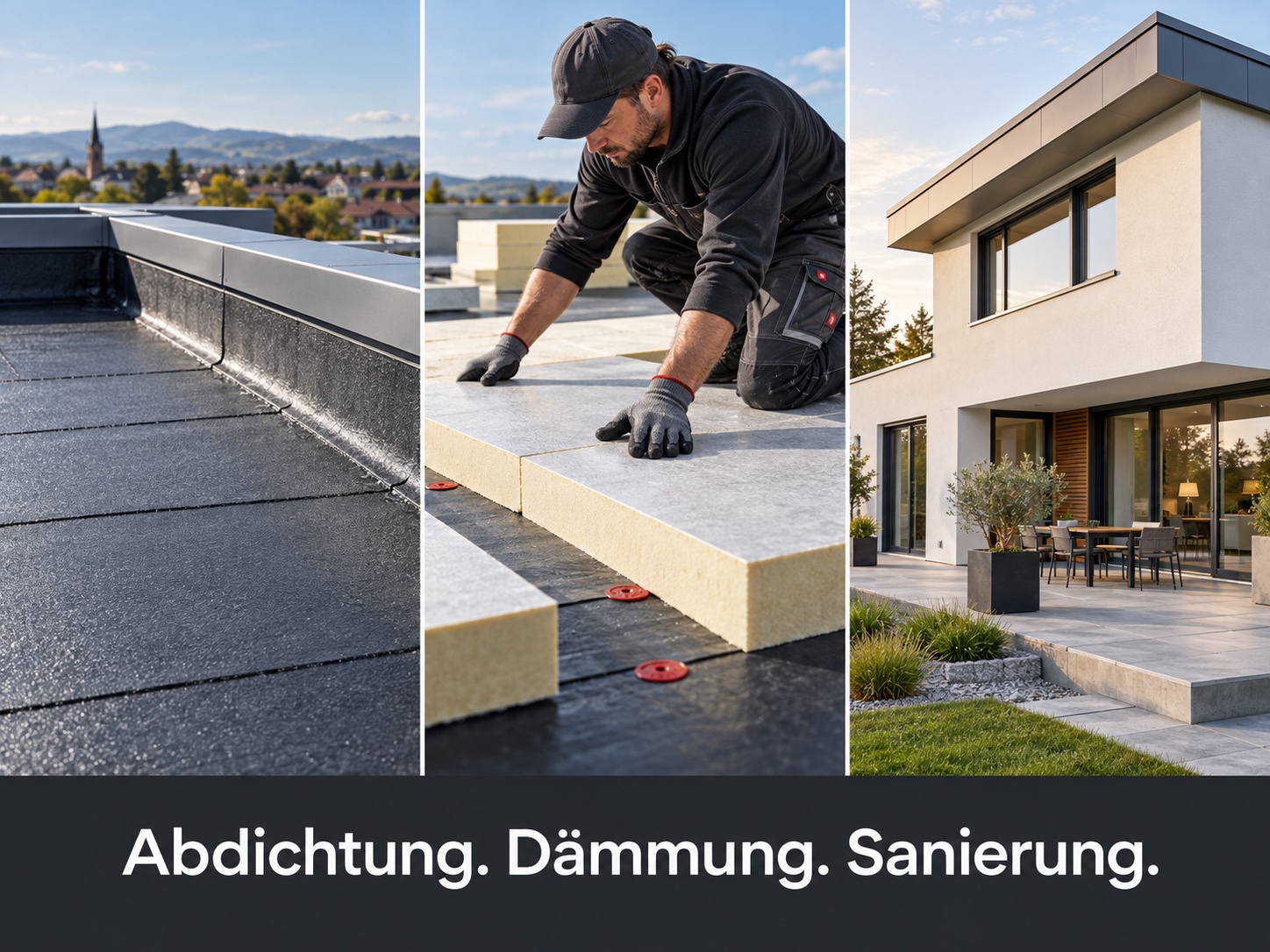 Dachabdichtung, Verlegen von Wärmedämmung und ein saniertes Haus. Abdichtung. Dämmung. Sanierung.