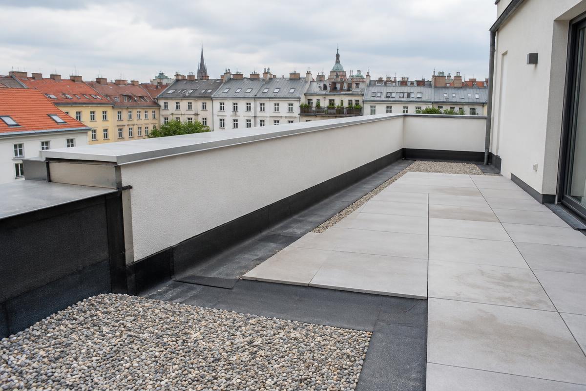 Sanierte Dachterrasse mit Abdichtung und Schotterstreifen